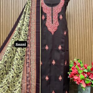 Allover pure viscose pashmia suit with kashmiri SOZNI embroidery on neck (SOZNI)