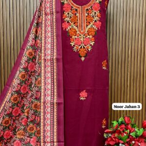 Allover pure viscose pashmia suit with kashmiri embroidery on neck (NOOR JAHN 3)