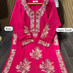 PASHMINA FIRAN WITH KASHMIRI EMBROIDERY ON NECK ,  BORDER , POCKETS & SLEEVES (SUPER TOOSH)