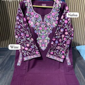 PASHMINA FIRAN WITH KASHMIRI EMBROIDERY ON NECK ,  BORDER , POCKETS & SLEEVES (NAFISA)